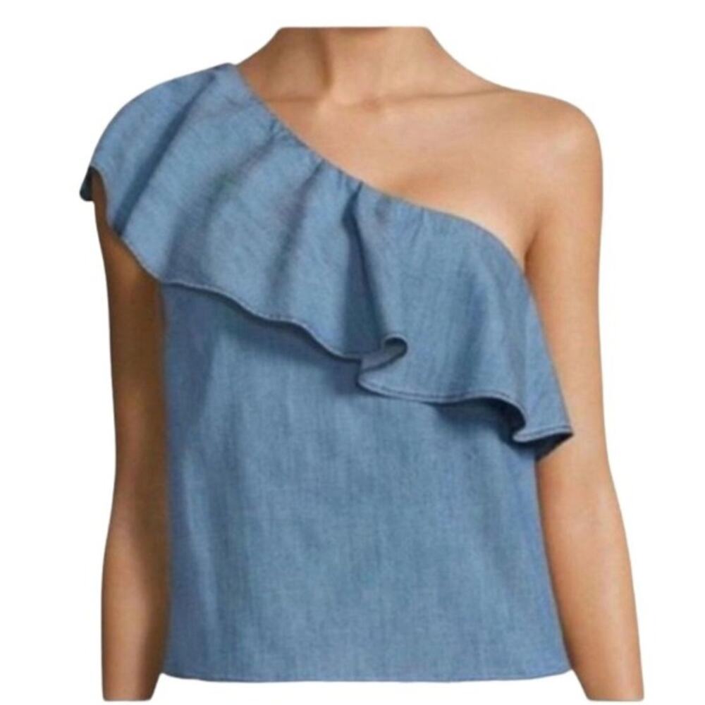 Alice + Olivia Top Womens Large One Shoulder Blue Nautical Beach Cottagecore Top - Picture 2 of 8